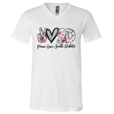 Peace Love South Dakota Vinatge Floral South Dakota Lovers V-Neck T-Shirt