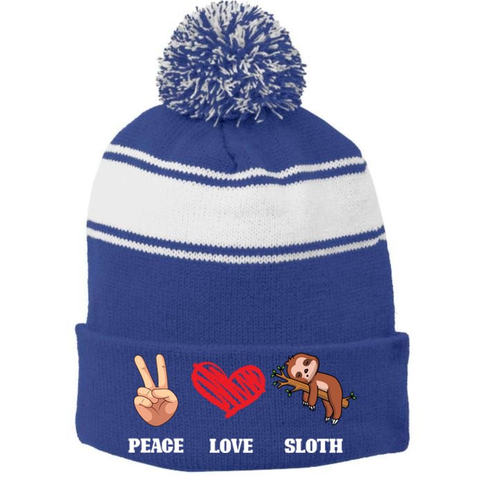 Peace Love Sloth Funny Lazy Sloths Animal Lover Graphic Gift Stripe Pom Pom Beanie