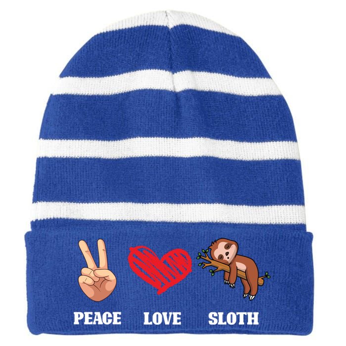 Peace Love Sloth Funny Lazy Sloths Animal Lover Graphic Gift Striped Beanie with Solid Band