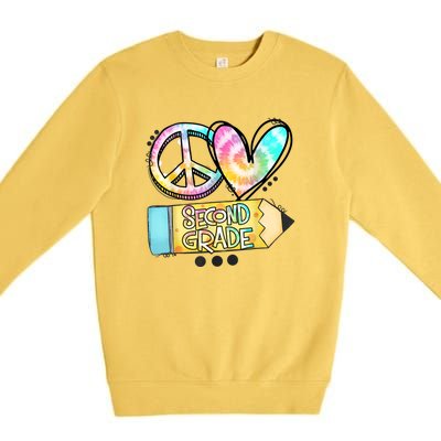 Peace Love Second Grade Funny TieDye Teacher Premium Crewneck Sweatshirt