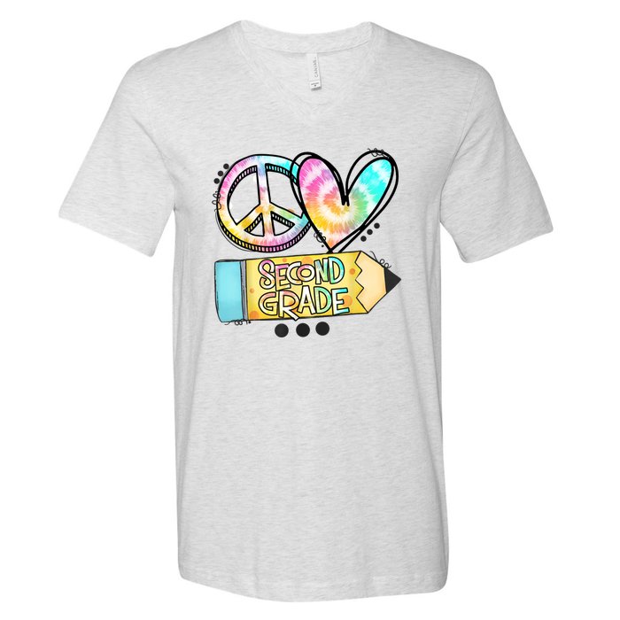 Peace Love Second Grade Funny TieDye Teacher V-Neck T-Shirt