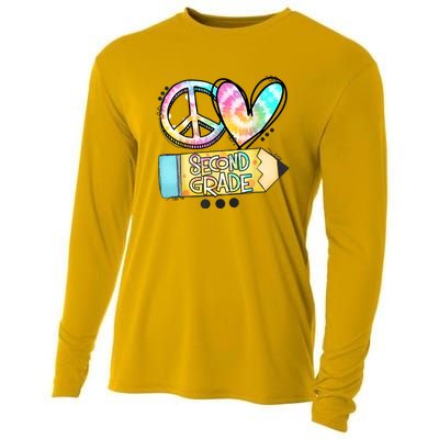 Peace Love Second Grade Funny TieDye Teacher Cooling Performance Long Sleeve Crew