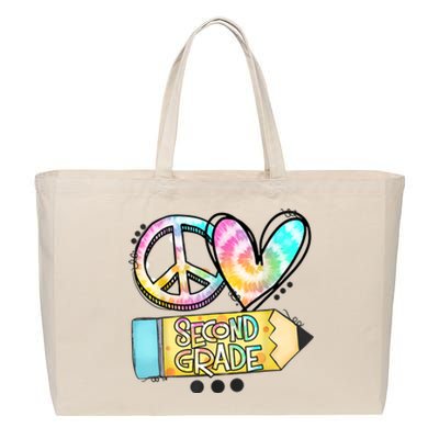 Peace Love Second Grade Funny TieDye Teacher Cotton Canvas Jumbo Tote