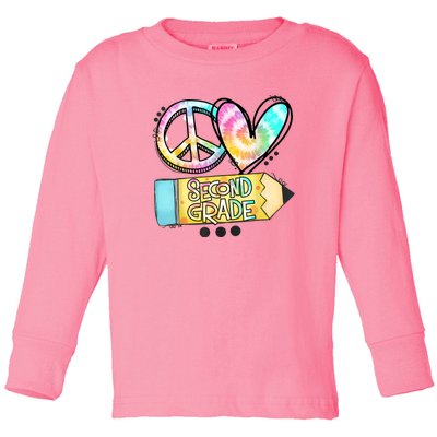 Peace Love Second Grade Funny TieDye Teacher Toddler Long Sleeve Shirt