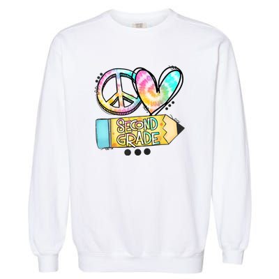 Peace Love Second Grade Funny TieDye Teacher Garment-Dyed Sweatshirt