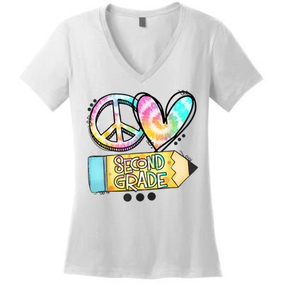 Peace Love Second Grade Funny TieDye Teacher Women's V-Neck T-Shirt