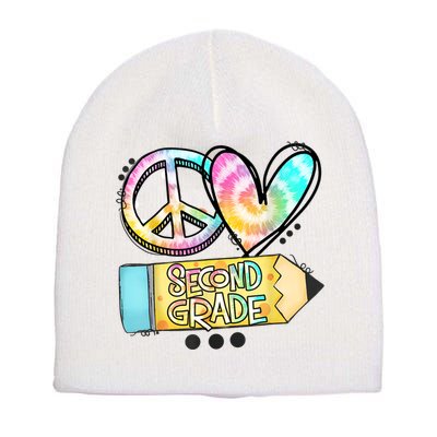 Peace Love Second Grade Funny TieDye Teacher Short Acrylic Beanie