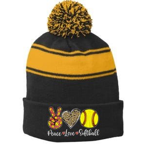 Peace Love Softball Leopard Softball Player Girl Mothers Day Stripe Pom Pom Beanie