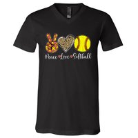 Peace Love Softball Leopard Softball Player Girl Mothers Day V-Neck T-Shirt