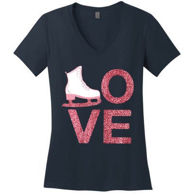 Pink Love Skating Dress Ice Skating Shoes Women's V-Neck T-Shirt