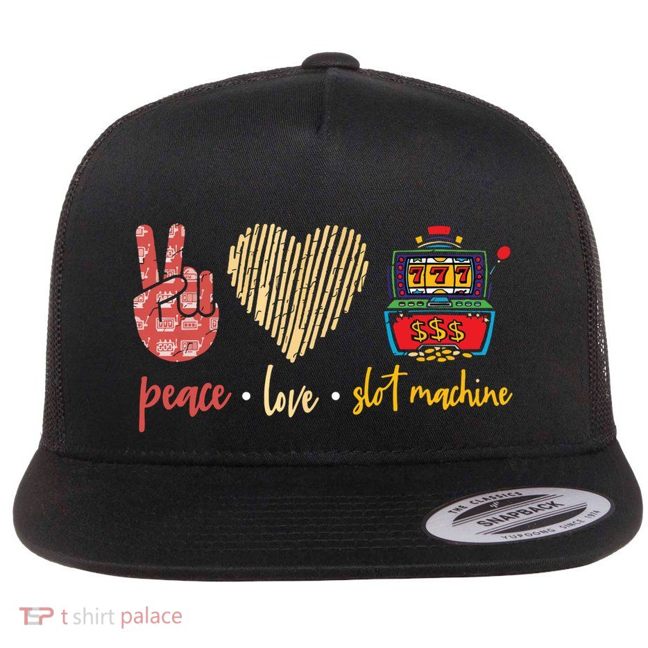 Peace Love Slot Machine Lucky Las Vegas Casino Game Flatbill Hat