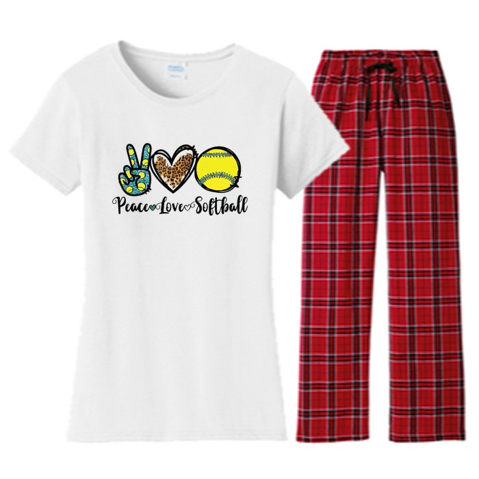 Peace Love Softball For Teen Girl Cute Leopard Softball Women's Flannel Pajama Set