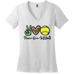 Peace Love Softball For Teen Girl Cute Leopard Softball Women's V-Neck T-Shirt