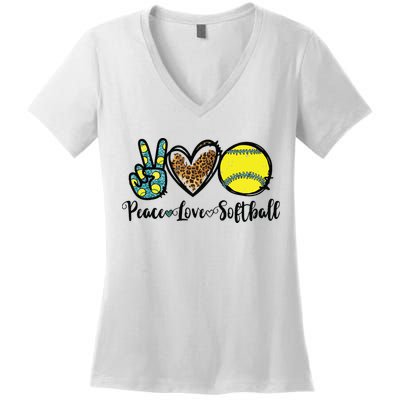 Peace Love Softball For Teen Girl Cute Leopard Softball Women's V-Neck T-Shirt