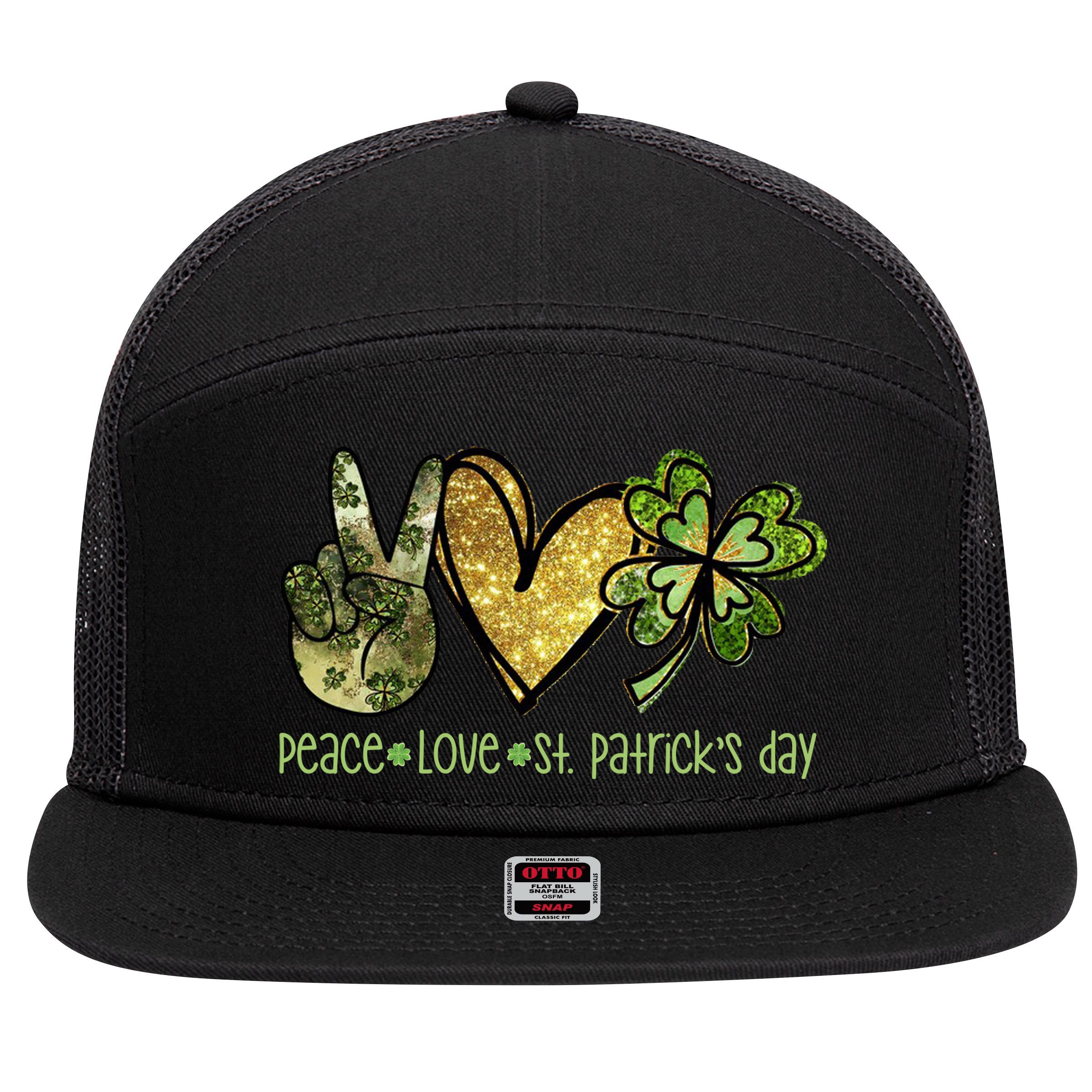 Peace Love St Patrick's Day Festive 7 Panel Mesh Trucker Snapback Hat