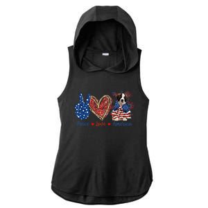 Peace Love Saint Bernard Dog Patriotic America Flag 4th July Gift Ladies PosiCharge Tri-Blend Wicking Draft Hoodie Tank