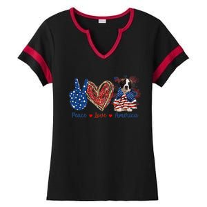 Peace Love Saint Bernard Dog Patriotic America Flag 4th July Gift Ladies Halftime Notch Neck Tee