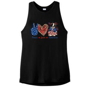 Peace Love Saint Bernard Dog Patriotic America Flag 4th July Gift Ladies PosiCharge Tri-Blend Wicking Tank