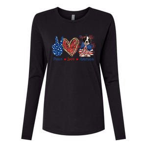 Peace Love Saint Bernard Dog Patriotic America Flag 4th July Gift Womens Cotton Relaxed Long Sleeve T-Shirt