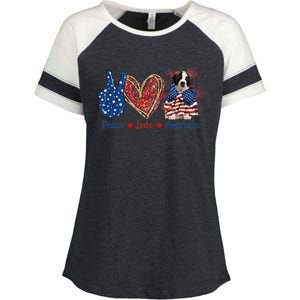 Peace Love Saint Bernard Dog Patriotic America Flag 4th July Gift Enza Ladies Jersey Colorblock Tee