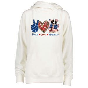 Peace Love Saint Bernard Dog Patriotic America Flag 4th July Gift Womens Funnel Neck Pullover Hood