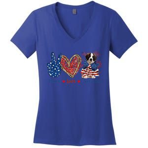 Peace Love Saint Bernard Dog Patriotic America Flag 4th July Gift Women's V-Neck T-Shirt