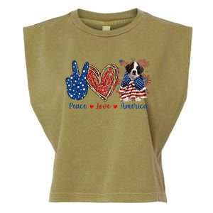 Peace Love Saint Bernard Dog Patriotic America Flag 4th July Gift Garment-Dyed Women's Muscle Tee