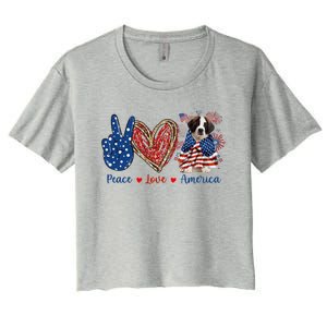 Peace Love Saint Bernard Dog Patriotic America Flag 4th July Gift Women's Crop Top Tee