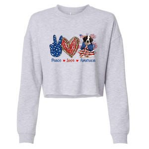 Peace Love Saint Bernard Dog Patriotic America Flag 4th July Gift Cropped Pullover Crew