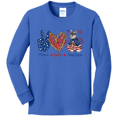 Peace Love Schnauzer Dog Patriotic America Flag 4th July Gift Kids Long Sleeve Shirt