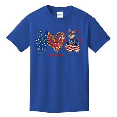 Peace Love Schnauzer Dog Patriotic America Flag 4th July Gift Kids T-Shirt