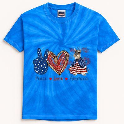 Peace Love Schnauzer Dog Patriotic America Flag 4th July Gift Kids Tie-Dye T-Shirt