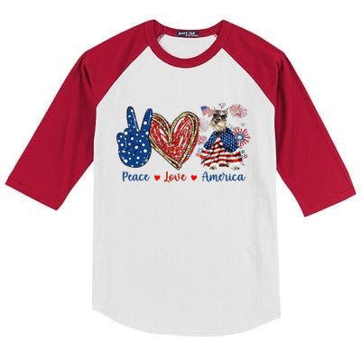 Peace Love Schnauzer Dog Patriotic America Flag 4th July Gift Kids Colorblock Raglan Jersey