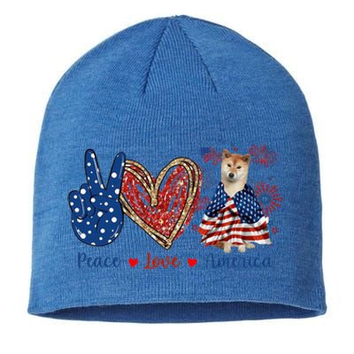 Peace Love Shiba Inu Dog Patriotic America Flag 4th July Gift Sustainable Beanie