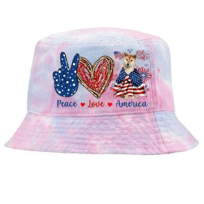 Peace Love Shiba Inu Dog Patriotic America Flag 4th July Gift Tie-Dyed Bucket Hat