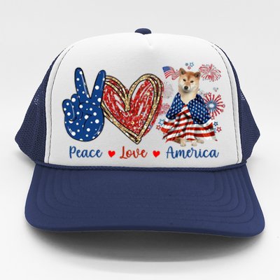 Peace Love Shiba Inu Dog Patriotic America Flag 4th July Gift Trucker Hat