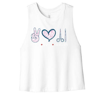 Peace Love Surgery Surgical Tech Surgeon Funny Gift Cool Gift Women's Racerback Cropped Tank