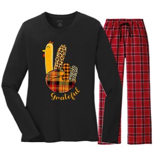 Peace Love Turkey Grateful Turkey Hand Sign Women's Long Sleeve Flannel Pajama Set 