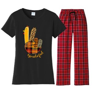 Peace Love Turkey Grateful Turkey Hand Sign Women's Flannel Pajama Set