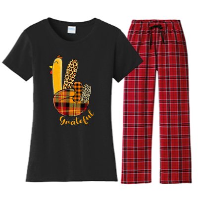 Peace Love Turkey Grateful Turkey Hand Sign Women's Flannel Pajama Set