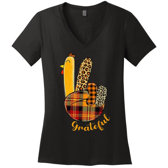 Peace Love Turkey Grateful Turkey Hand Sign Women's V-Neck T-Shirt