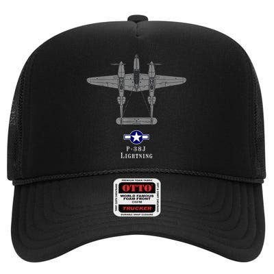 P38 Lightning Tech Drawing WWII Fighter Airplane High Crown Mesh Back Trucker Hat