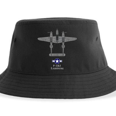 P38 Lightning Tech Drawing WWII Fighter Airplane Sustainable Bucket Hat