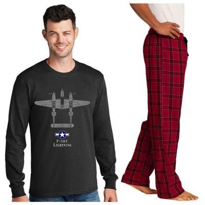 P38 Lightning Tech Drawing WWII Fighter Airplane Long Sleeve Pajama Set