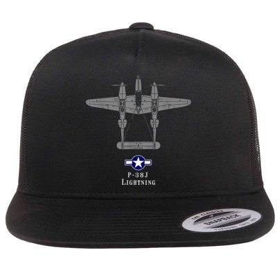 P38 Lightning Tech Drawing WWII Fighter Airplane Flat Bill Trucker Hat