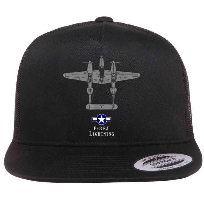 P38 Lightning Tech Drawing WWII Fighter Airplane Flat Bill Trucker Hat