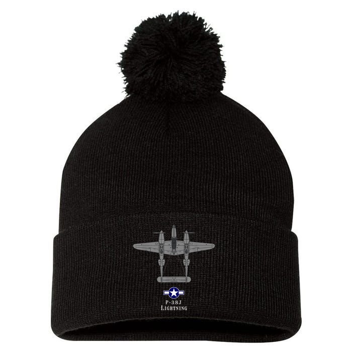 P38 Lightning Tech Drawing WWII Fighter Airplane Pom Pom 12in Knit Beanie