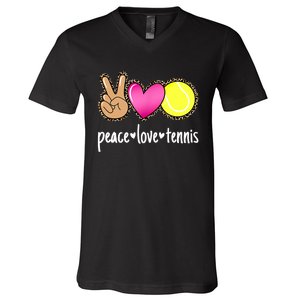 Peace Love Tennis Leopard Print Girls Wo Tennis V-Neck T-Shirt