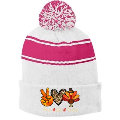 Peace Love Turkey Little Pilgrim Thanksgiving Stripe Pom Pom Beanie