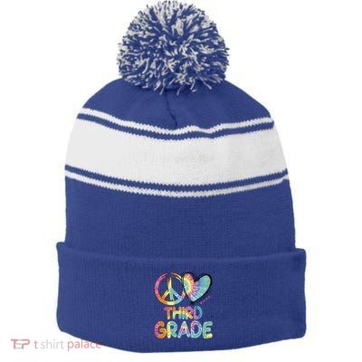 Peace Love Third Grade Funny Tie Dye Hello Third Grade Gift Stripe Pom Pom Beanie